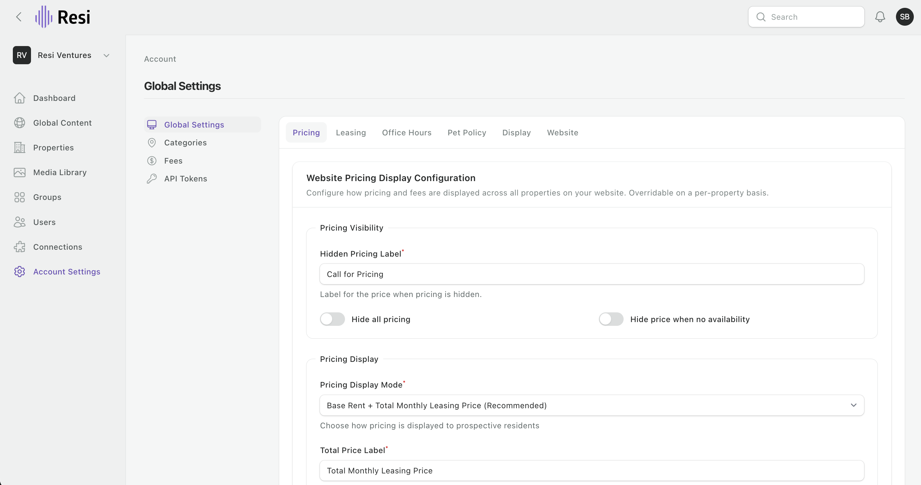Account-level Global Settings, with tabs for pricing, leasing, office hours, pet policy, display, and website.