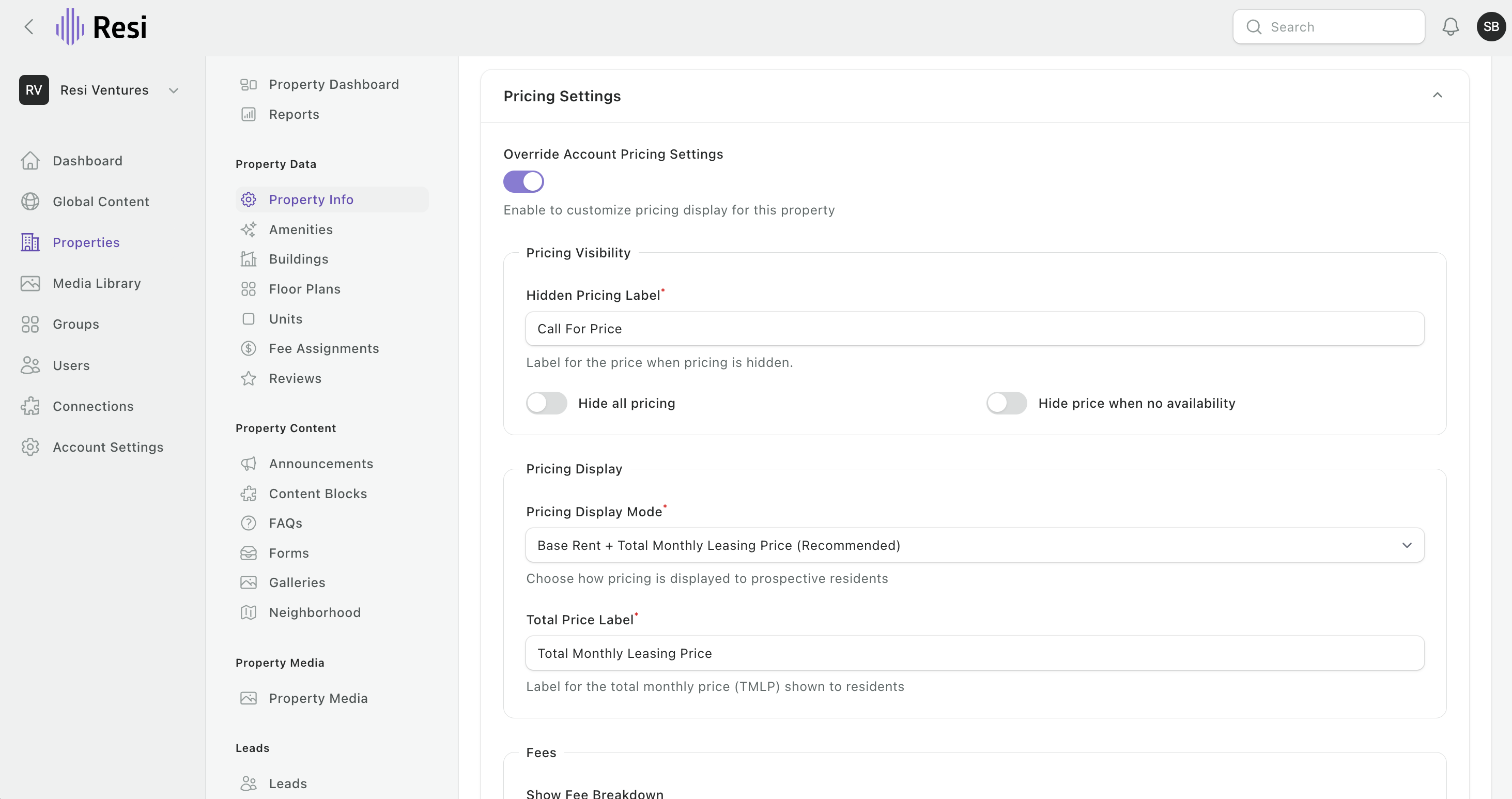 The same pricing settings on a single property, with Override Account Pricing Settings switched on.