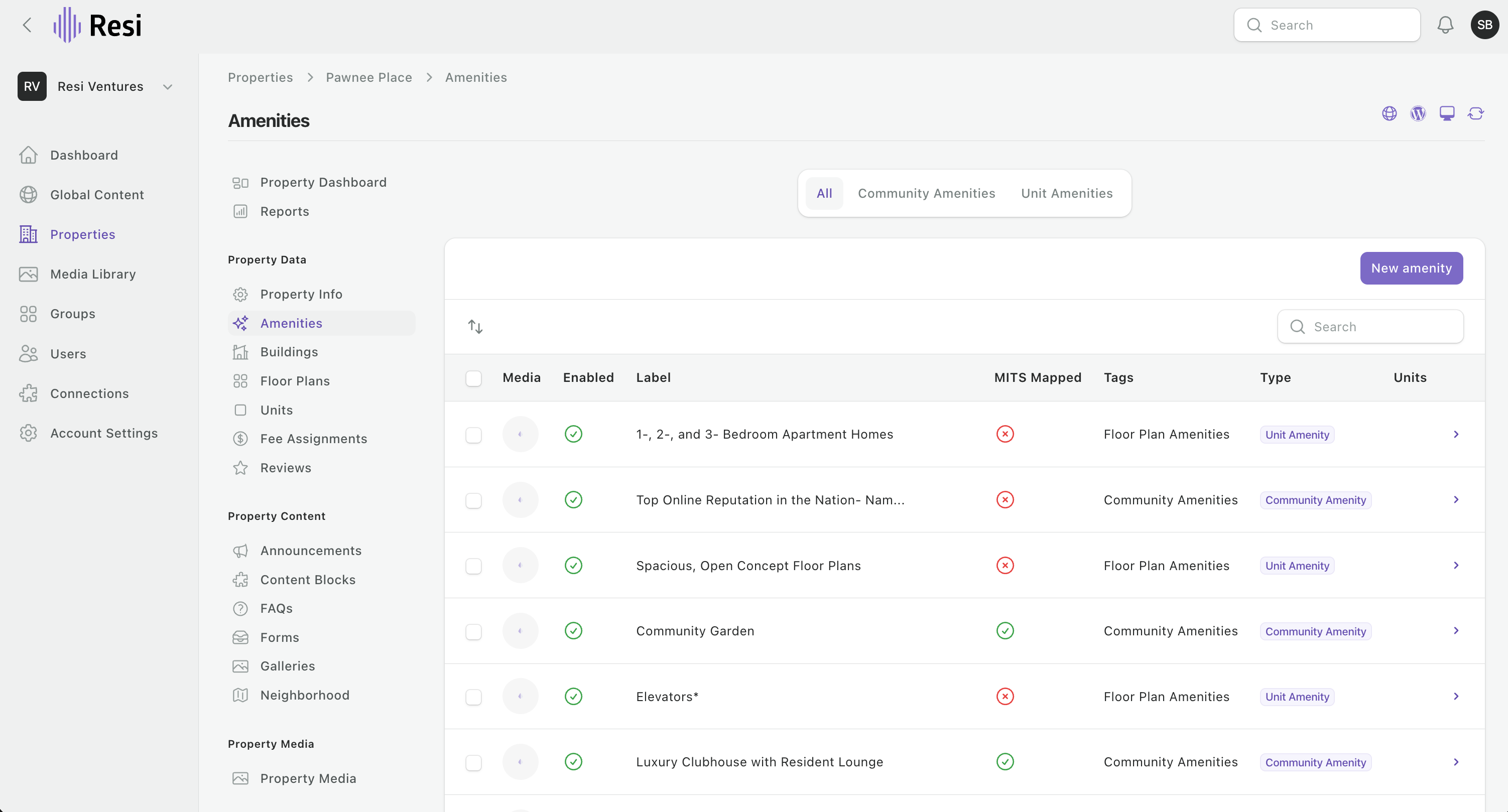 The Amenities list, with All, Community Amenities, and Unit Amenities filters and a Type column.