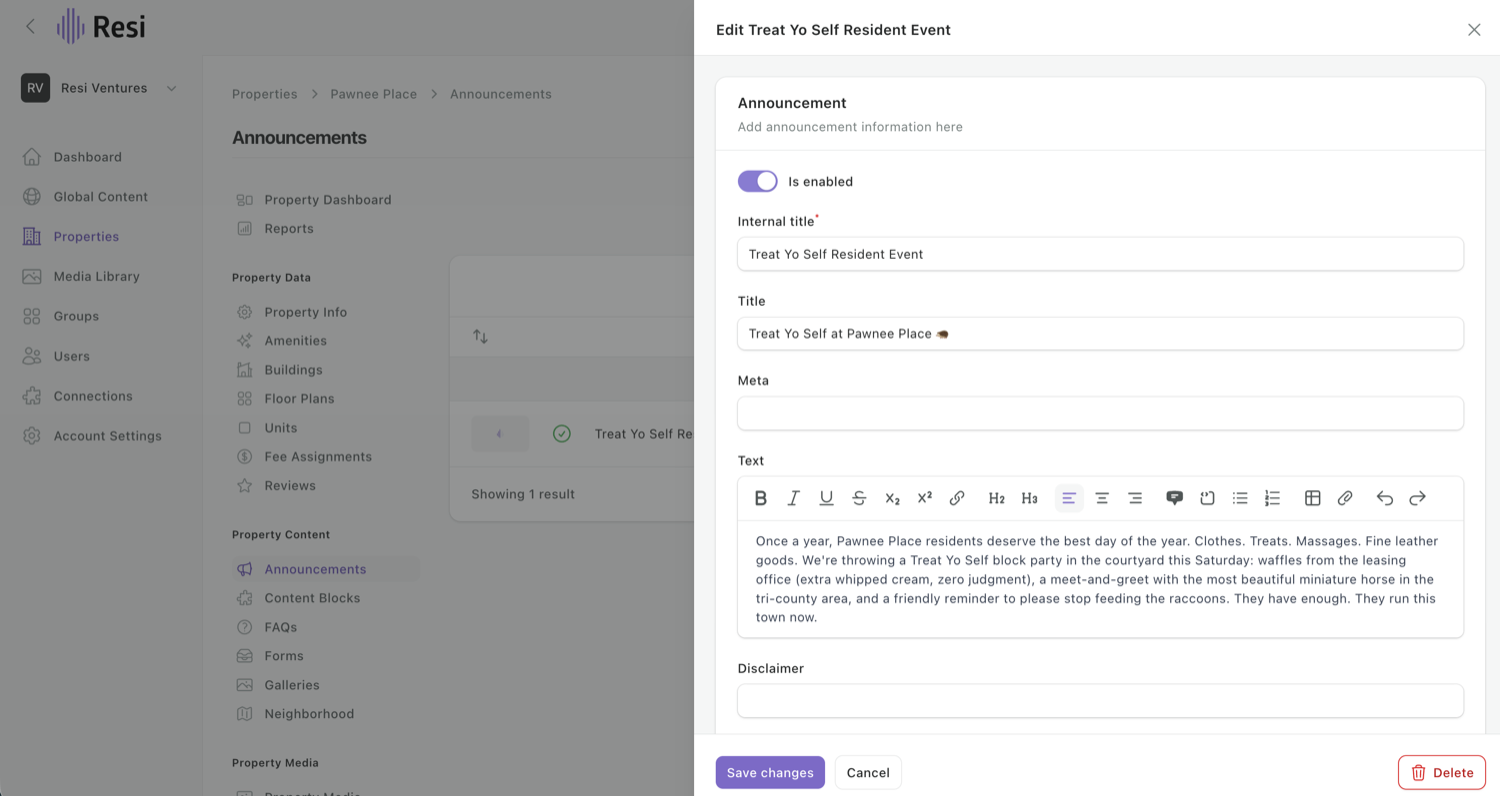 The announcement editor on a property - Internal title, Title, and the Text of your message.