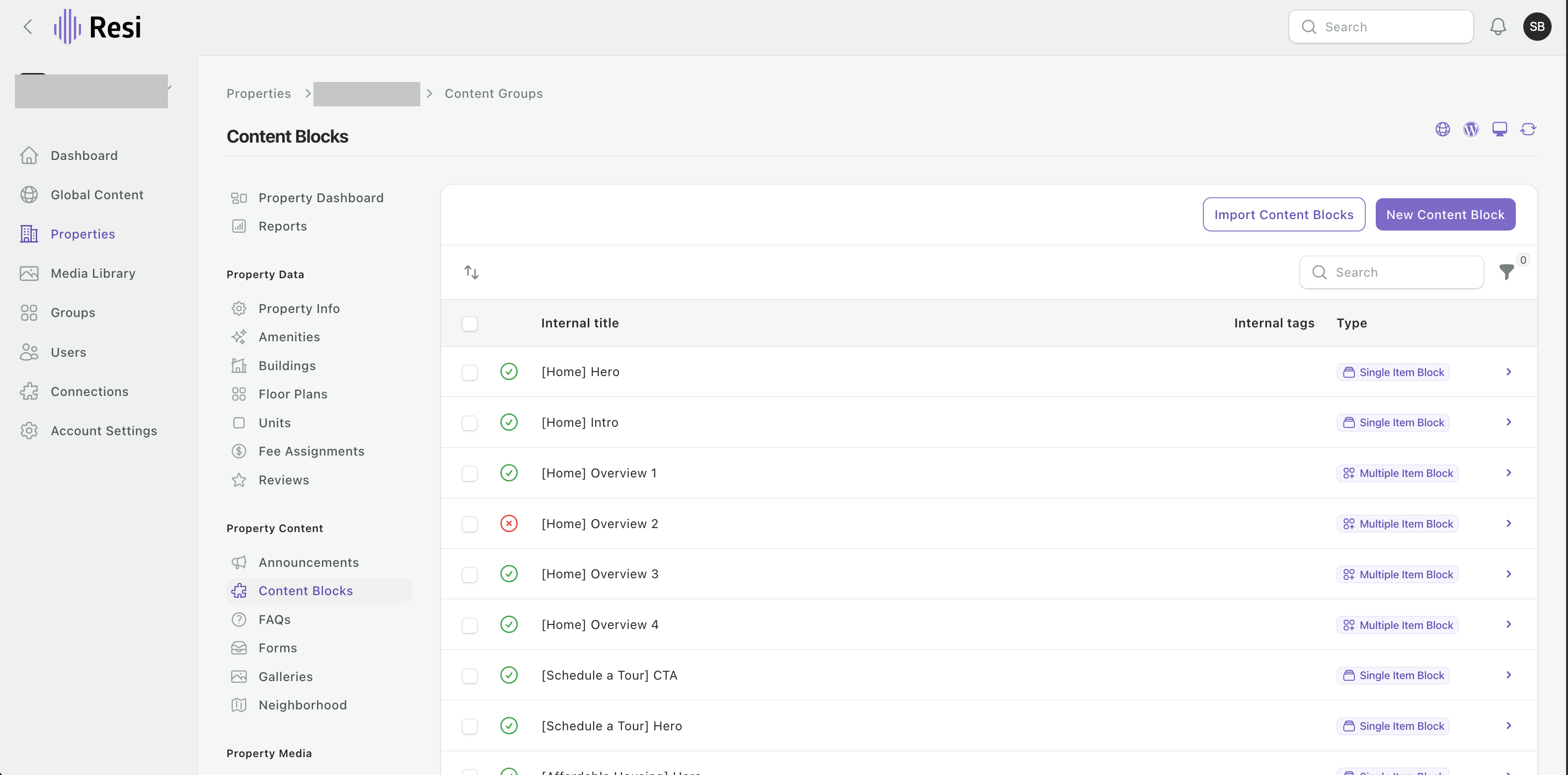 The Content Blocks list - each block is named for where it lives on your site.