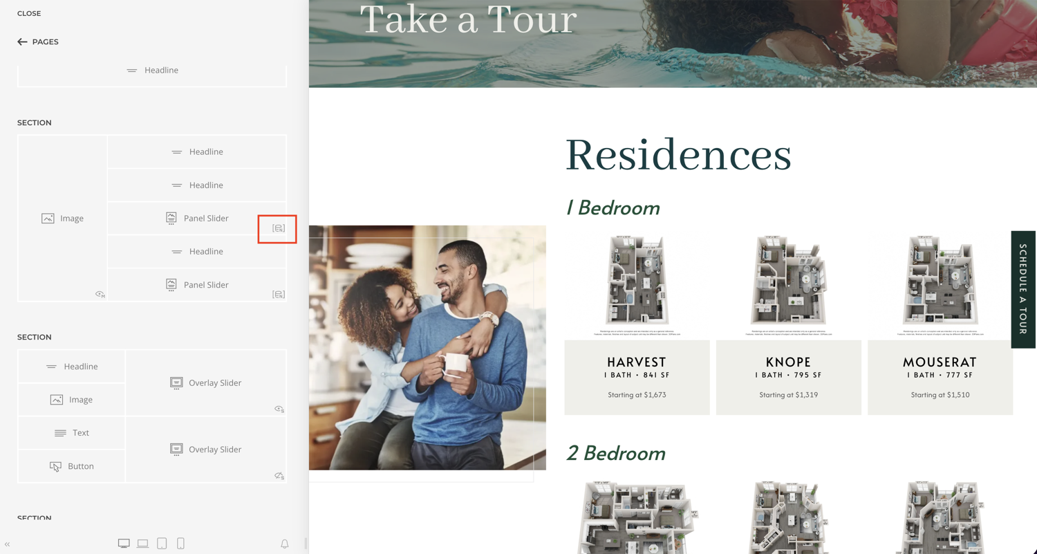 In the site builder, dynamic sections that pull from your Resi data carry a small indicator.