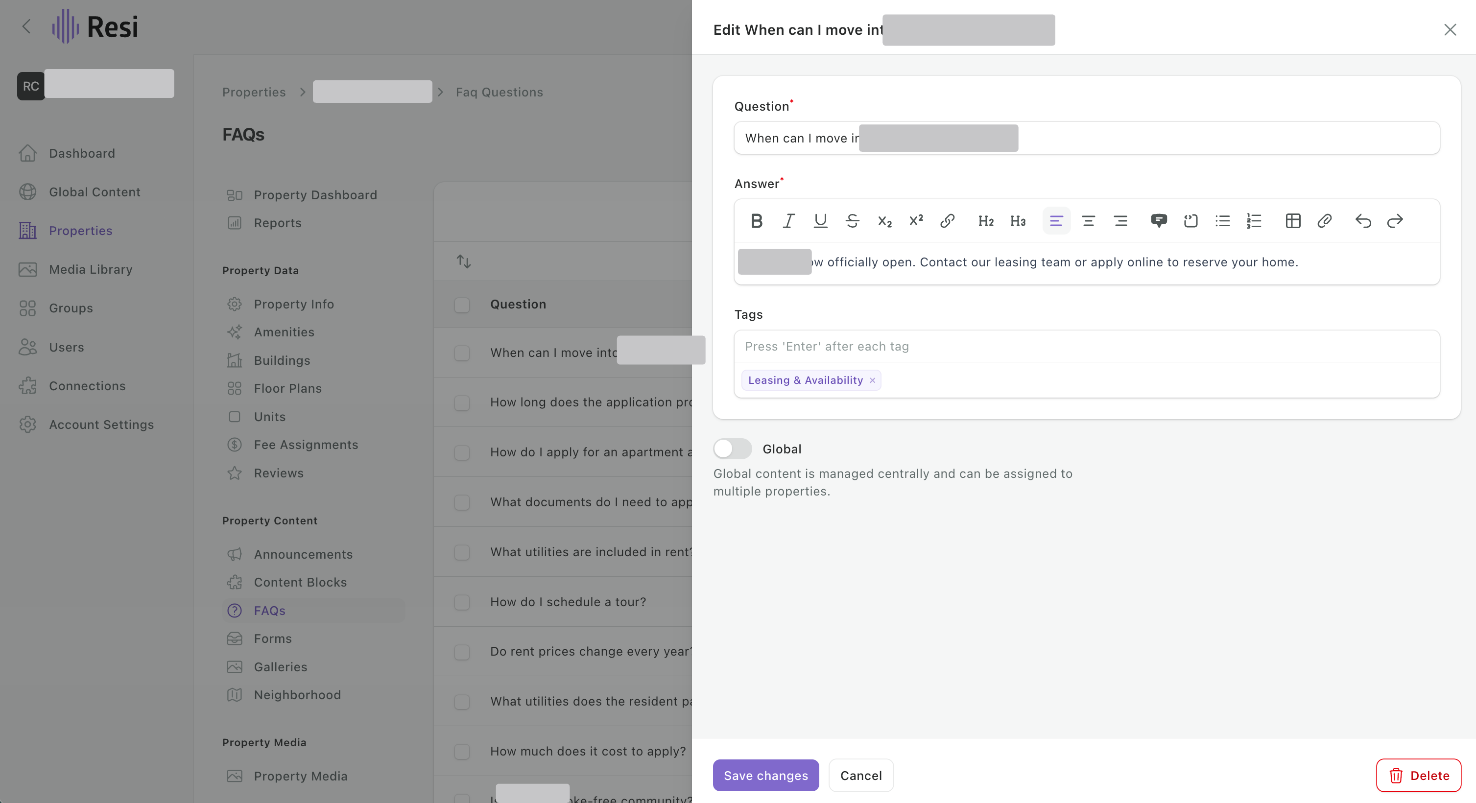 An FAQ open for editing, with its Tags field holding a Leasing & Availability tag.