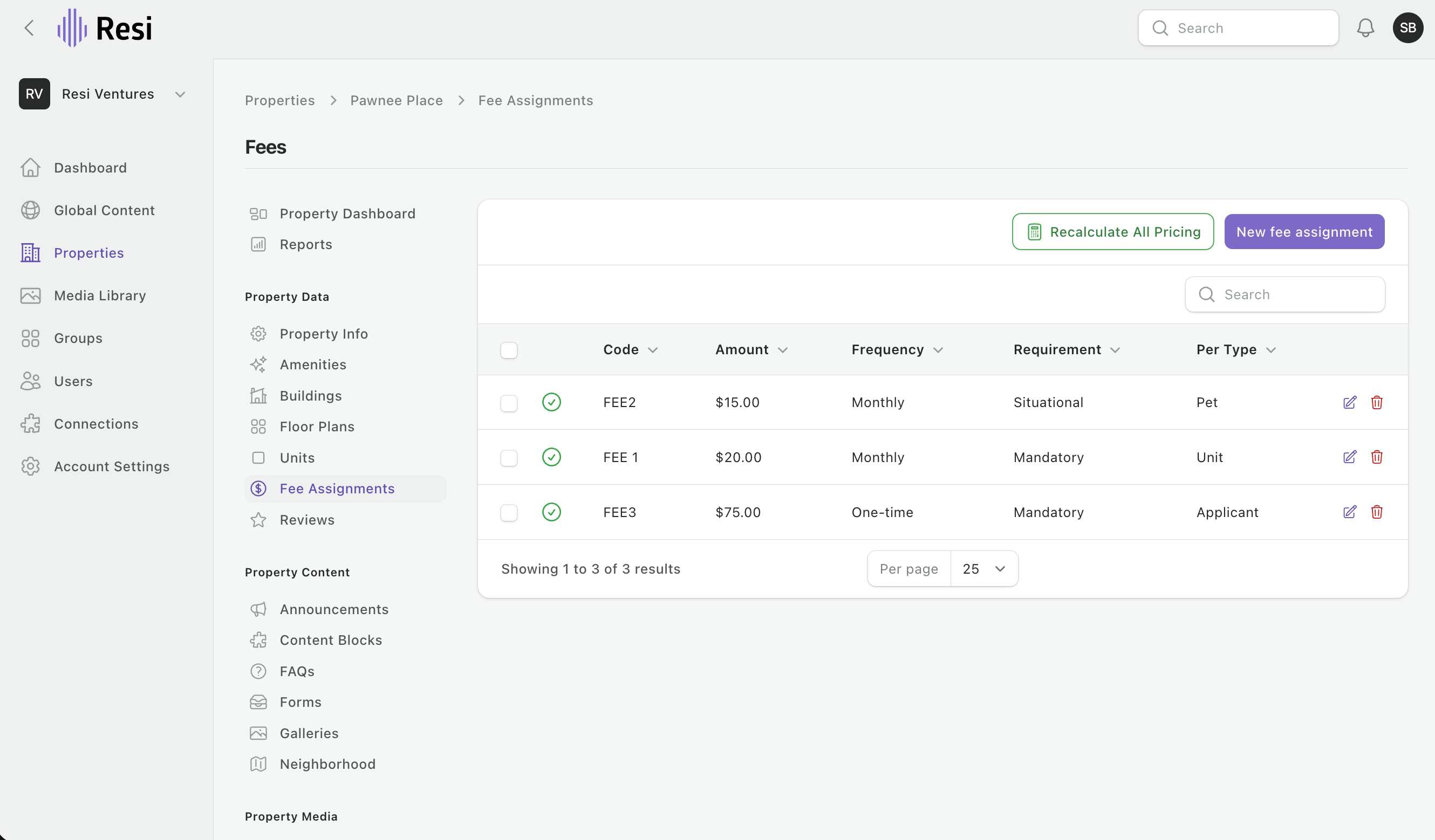 Fee Assignments on a property, listing each fee with its amount, frequency, requirement, and per type.