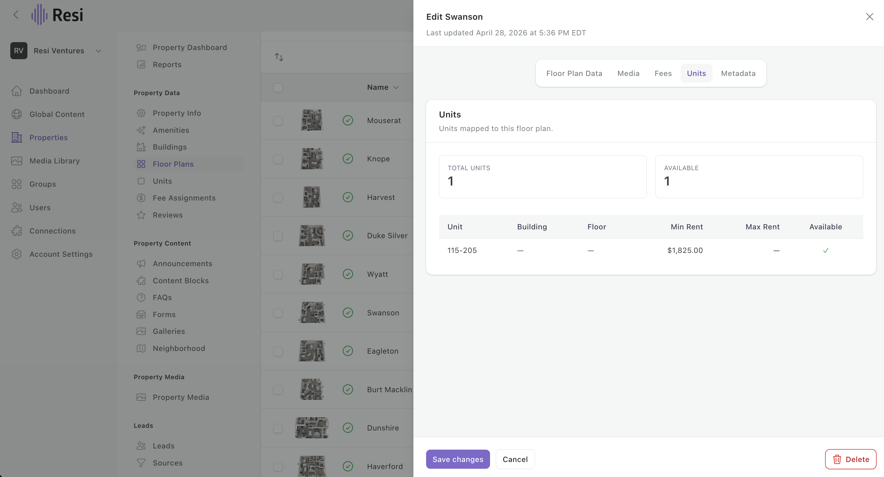The Units tab on a floor plan, showing total units, how many are available, and each unit with its rent.