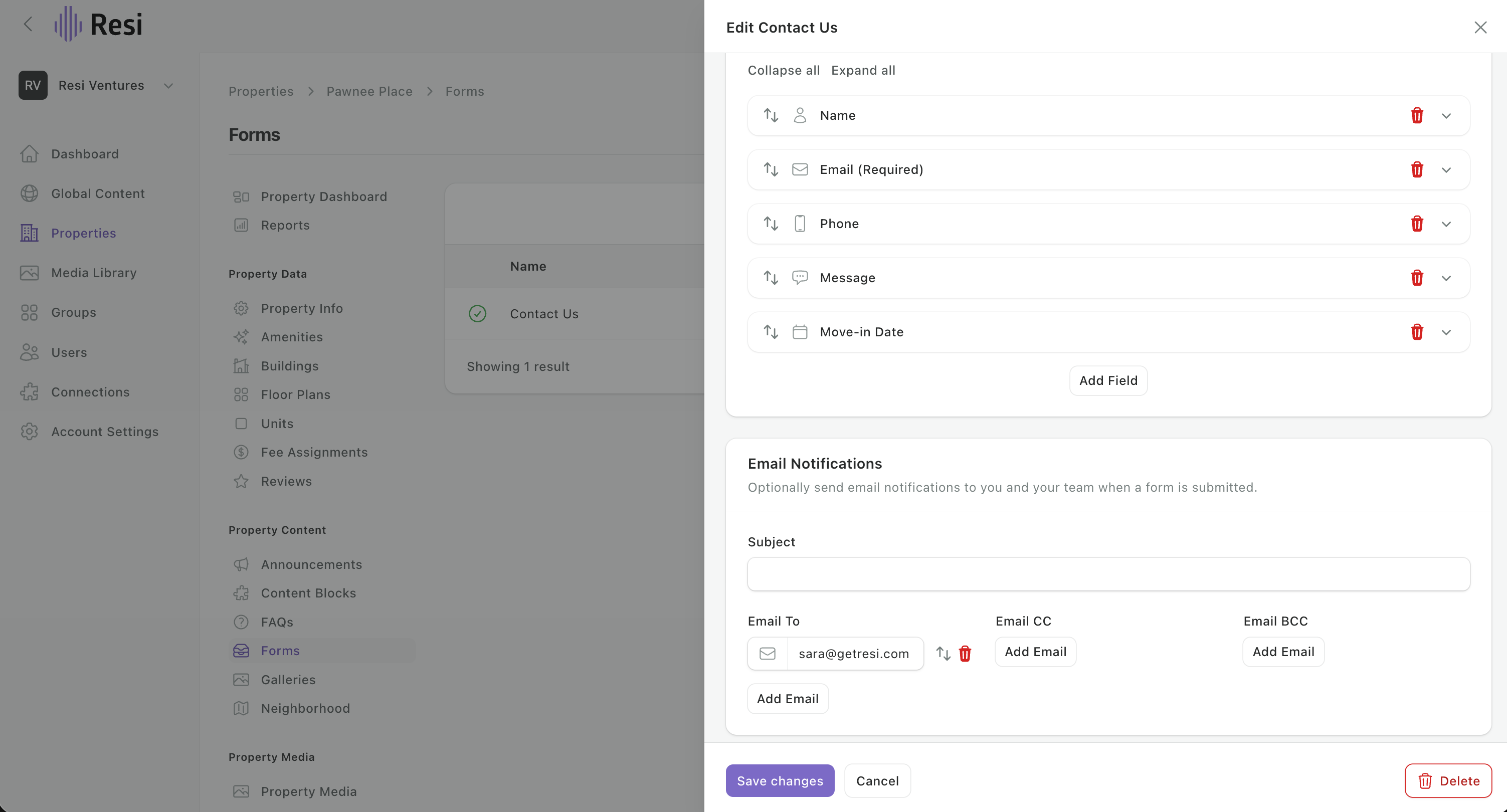 A contact form open for editing, with its field list and the Email Notifications To, CC, and BCC area.