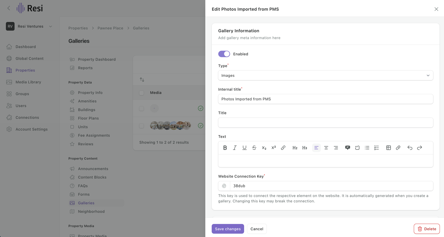 The gallery editor on a property - the Type dropdown, Internal title, and the Enabled toggle.