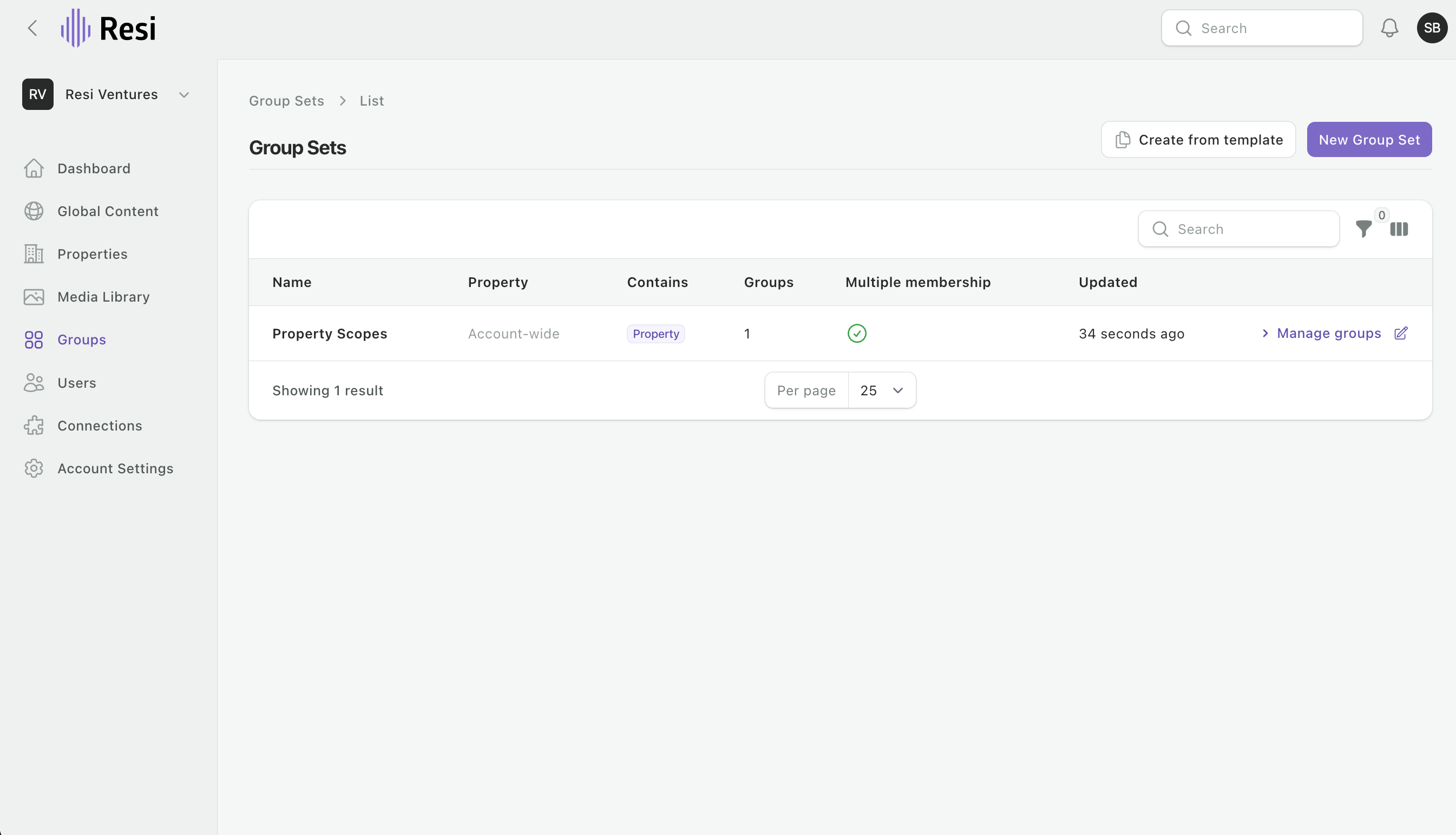The Group Sets list, with a property-scope group set and the create-from-template action.