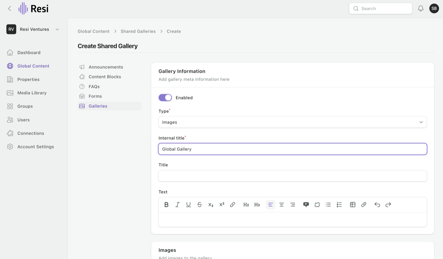 Creating a shared gallery in Global Content - it becomes available to every property.