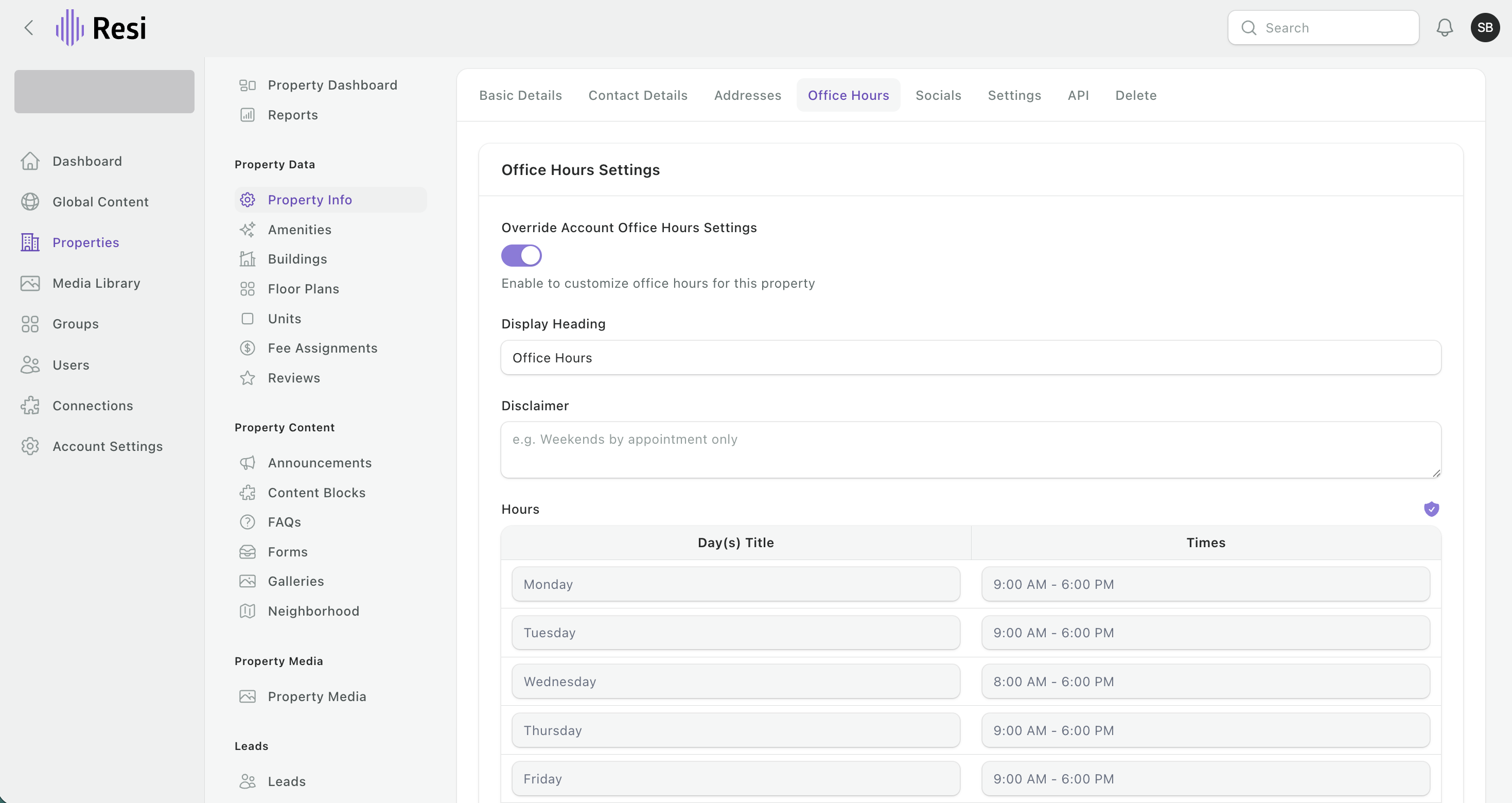 Property Info office hours, with the account override toggle on and the purple shield marking PMS-synced fields.