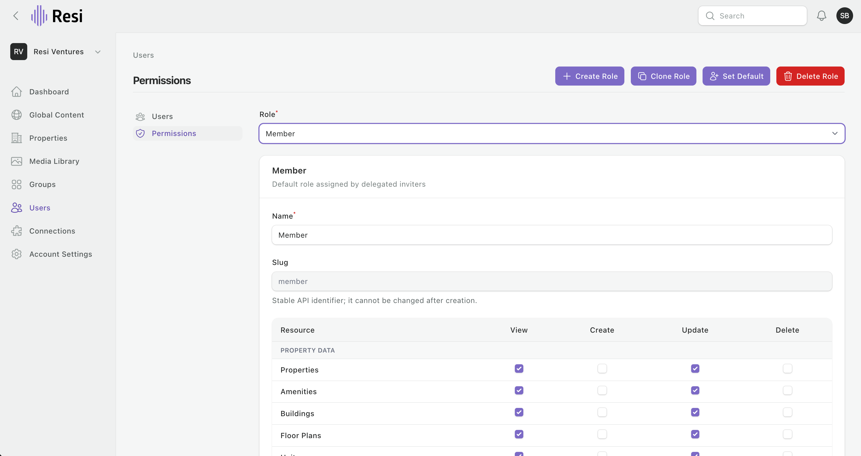 The Permissions screen, with a role selected and its view, create, update, and delete matrix.